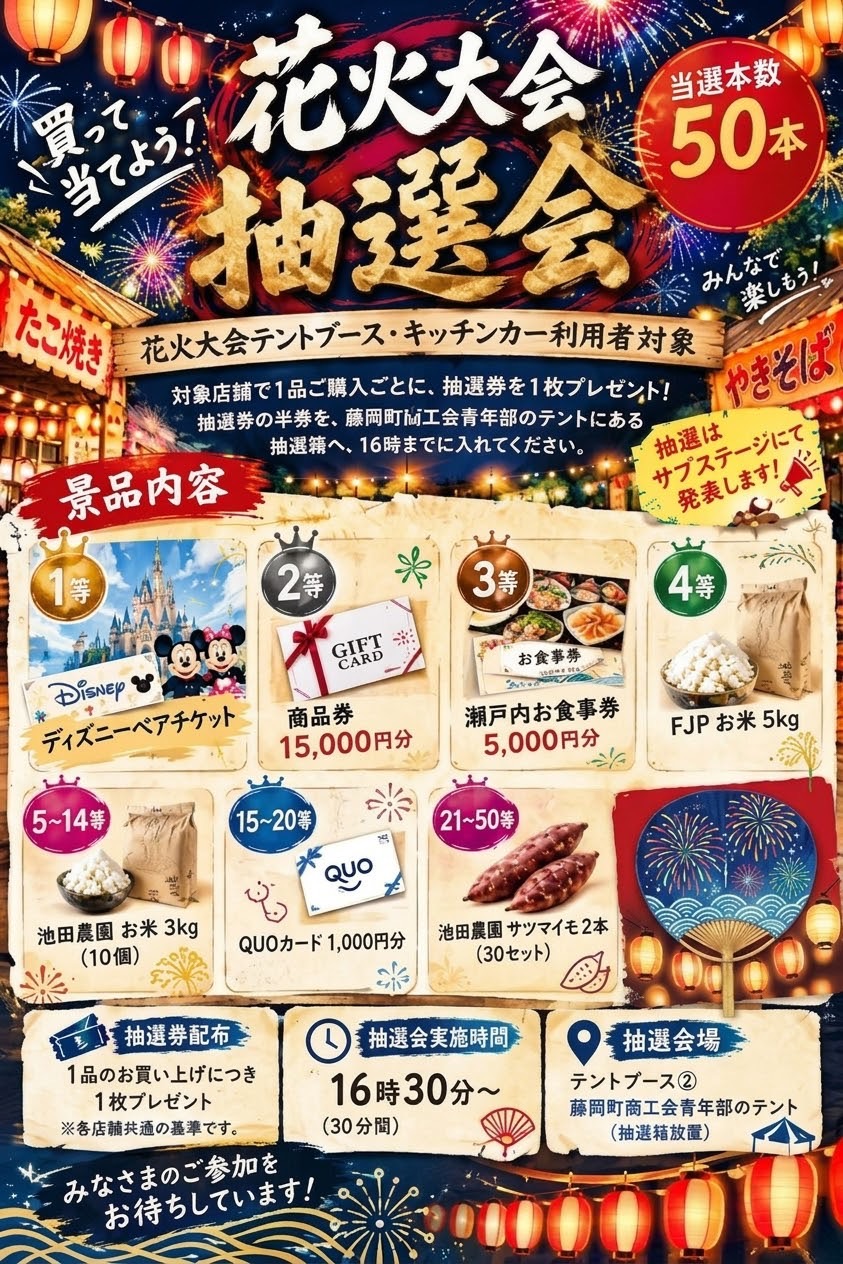 花火大会抽選会の参加方法・景品内容・開催時間のお知らせ